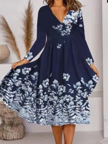 Women's Dresses Floral Print V-Neck Long Sleeve Dress