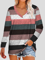 Women's T-Shirts Striped Printed V-Neck Long Sleeve T-Shirts