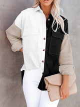 Women's Blouses Loose Contrast Pocket Button Long Sleeve Blouse