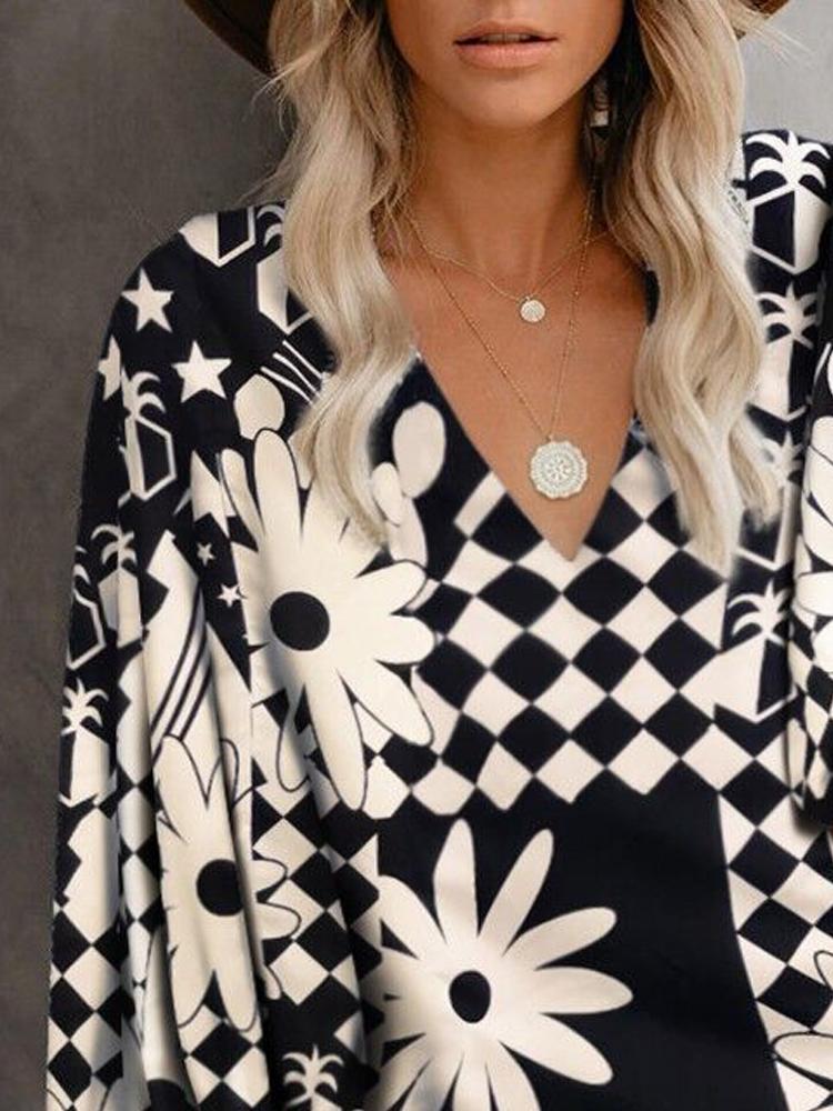 Fashion Print V Neck Long Sleeve Blouses