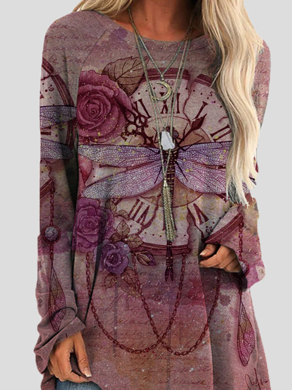 Women's T-Shirts Loose Round Neck Retro Dragonfly Print Long Sleeve T-Shirts