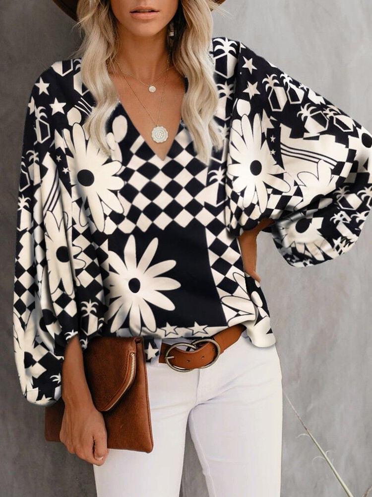 Fashion Print V Neck Long Sleeve Blouses