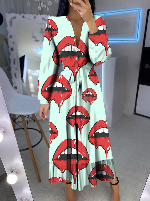 Women's Dresses Strawberry Lips Print V-Neck Long Sleeve Dress