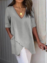 V-Neck Half Sleeve Irregular Casual T-Shirt