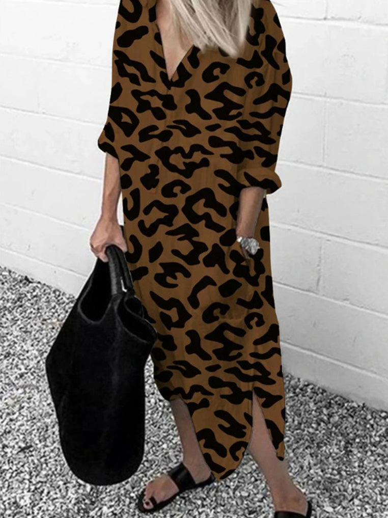 Women's Dresses Leopard Print V-Neck Split Long Sleeve Dress