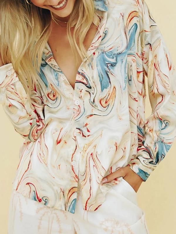 Wave Striped Print Lapel Cardigan Single-breasted Long-sleeved Shirt