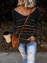 Women's Sweaters Striped V-Neck Knitted Long Sleeve Sweater