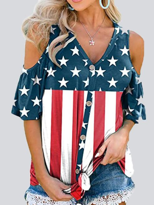 Casual Star Stripe Off-shoulder Button Top T-shirt