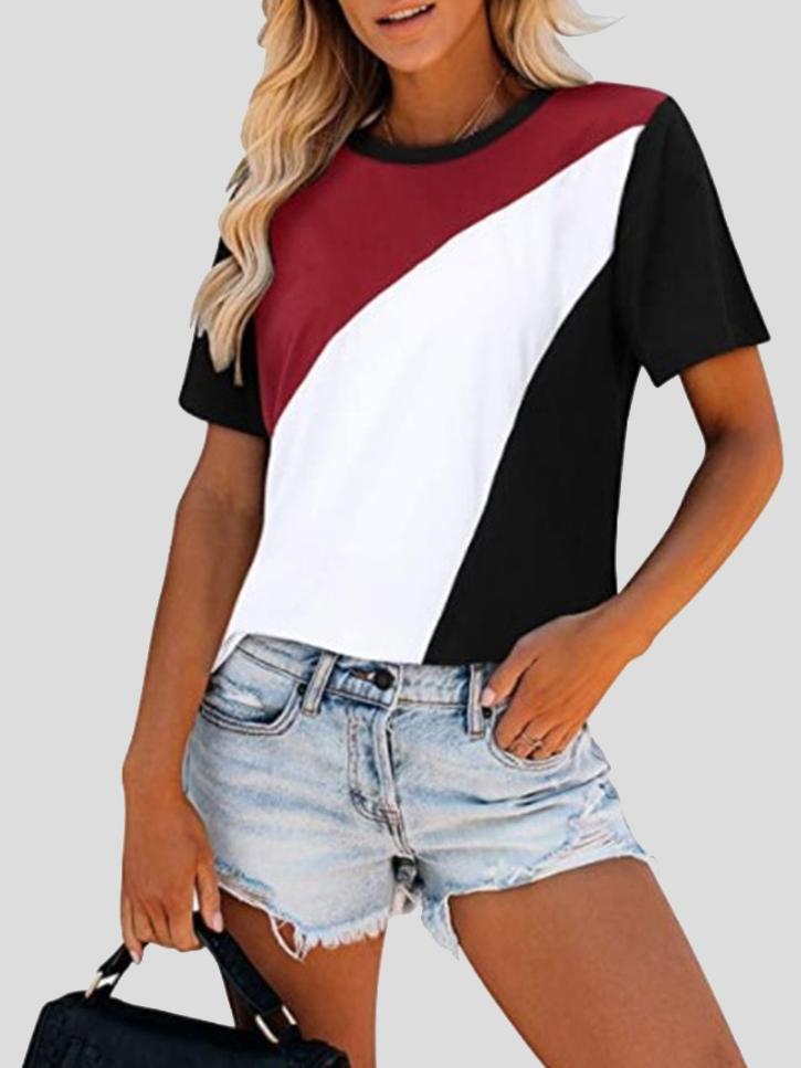 Round Neck Contrast Stitching Short Sleeve T-Shirt