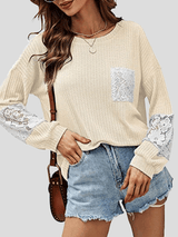 Women's T-Shirts Lace Stitching Pockets Round Neck Long Sleeves T-Shirt