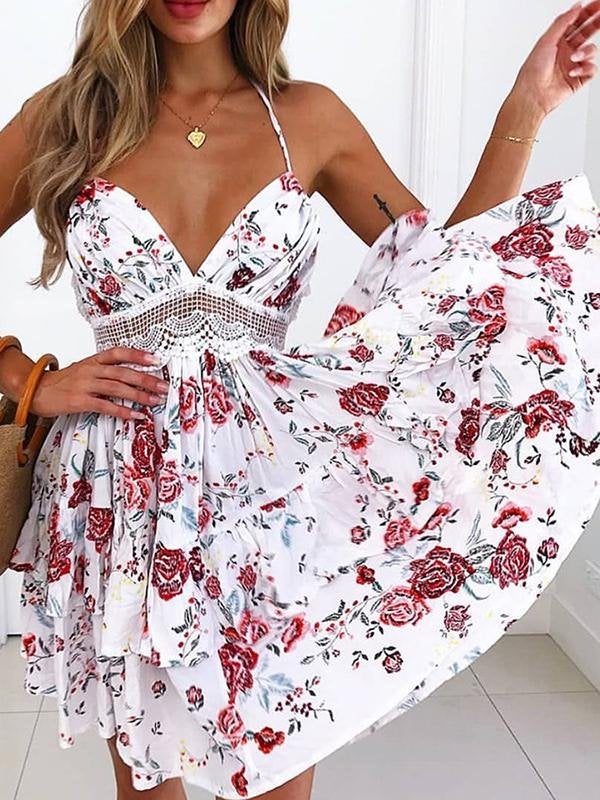 A-Line Strap Lace Backless Mini Dress - Mini Dresses - INS | Online Fashion Free Shipping Clothing, Dresses, Tops, Shoes - 23/04/2021 - Catagory_Mini Dresses - Color_Floral