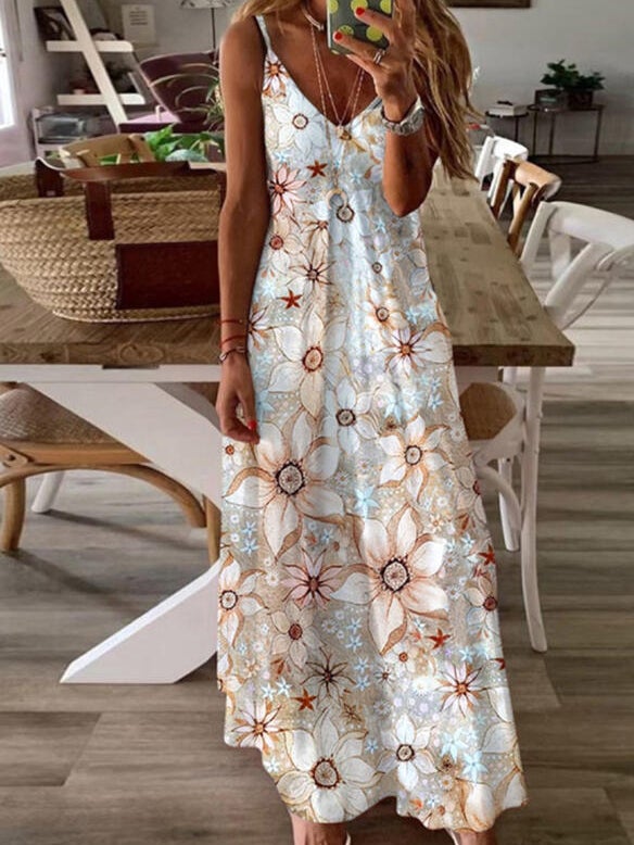 V Neck Floral Print Loose Maxi Dress