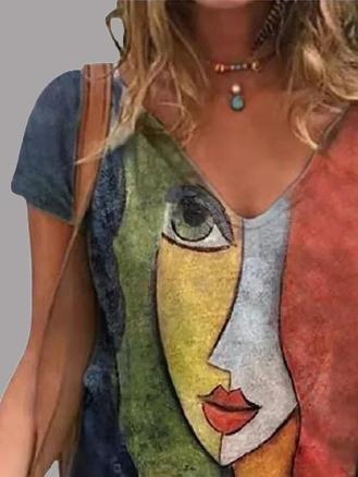 Abstract Character Print V-neck Short Sleeve T-Shirts - T-Shirts - INS | Online Fashion Free Shipping Clothing, Dresses, Tops, Shoes - 10/06/2021 - Category_T-Shirts - HDL