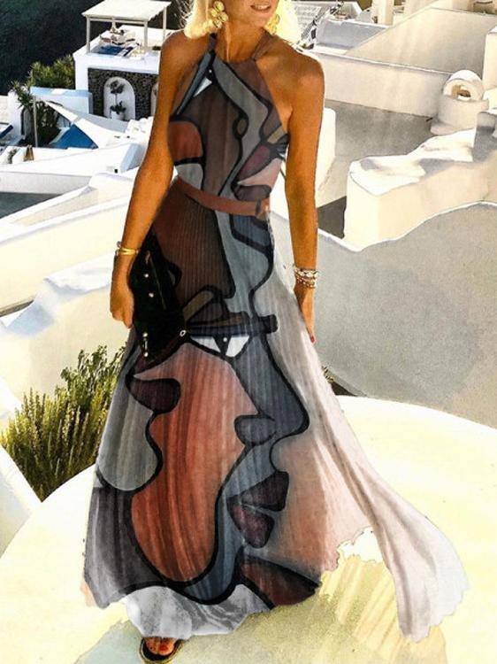 Abstract Pattern Printed Pleated Halterneck Dress - Maxi Dresses - INS | Online Fashion Free Shipping Clothing, Dresses, Tops, Shoes - 23/06/2021 - 30-40 - color-black