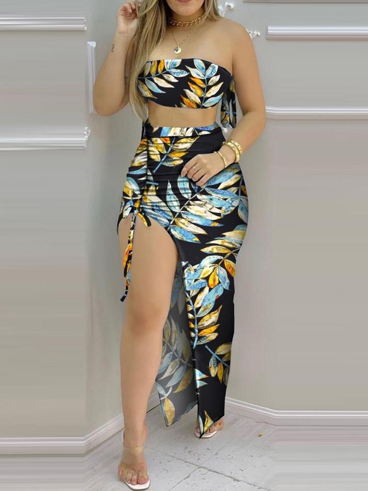 All Over Print Bandeau Crop Top & Drawstring High Slit Skirt Sets - Two-piece Outfits - INS | Online Fashion Free Shipping Clothing, Dresses, Tops, Shoes - 29/04/2021 - Color_Blue - Color_Multicolor