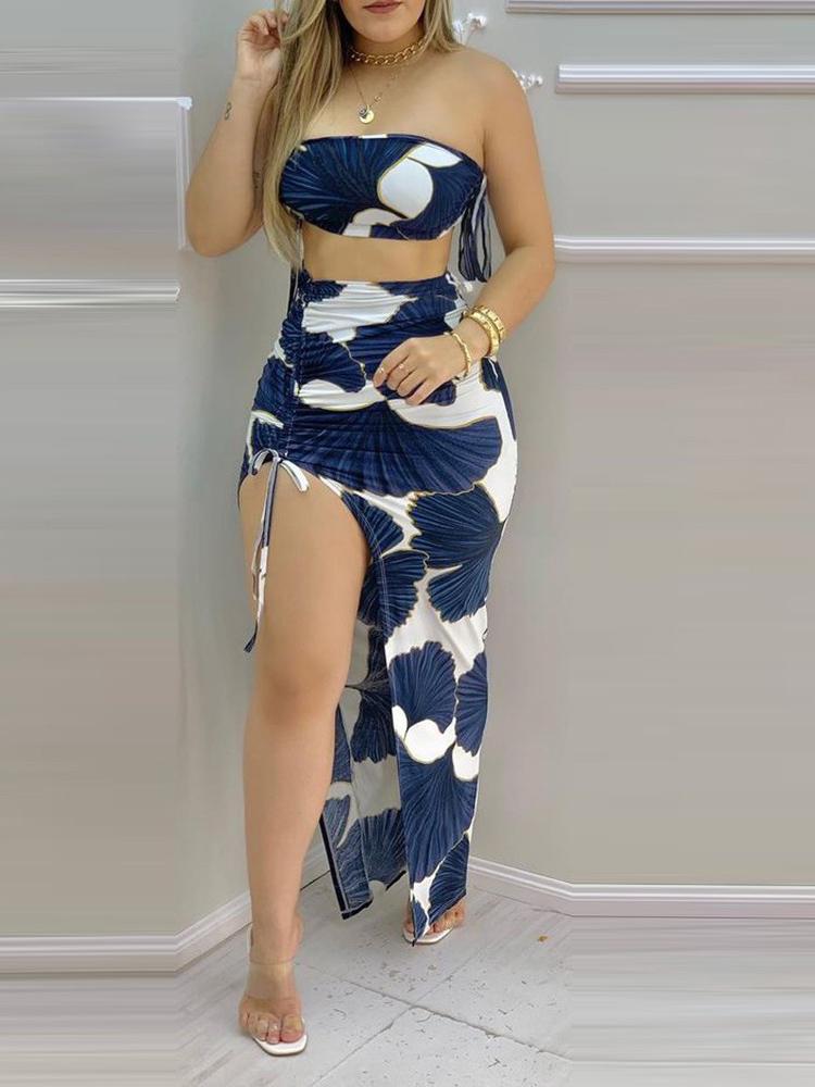 All Over Print Bandeau Crop Top & Drawstring High Slit Skirt Sets - Two-piece Outfits - INS | Online Fashion Free Shipping Clothing, Dresses, Tops, Shoes - 29/04/2021 - Color_Blue - Color_Multicolor