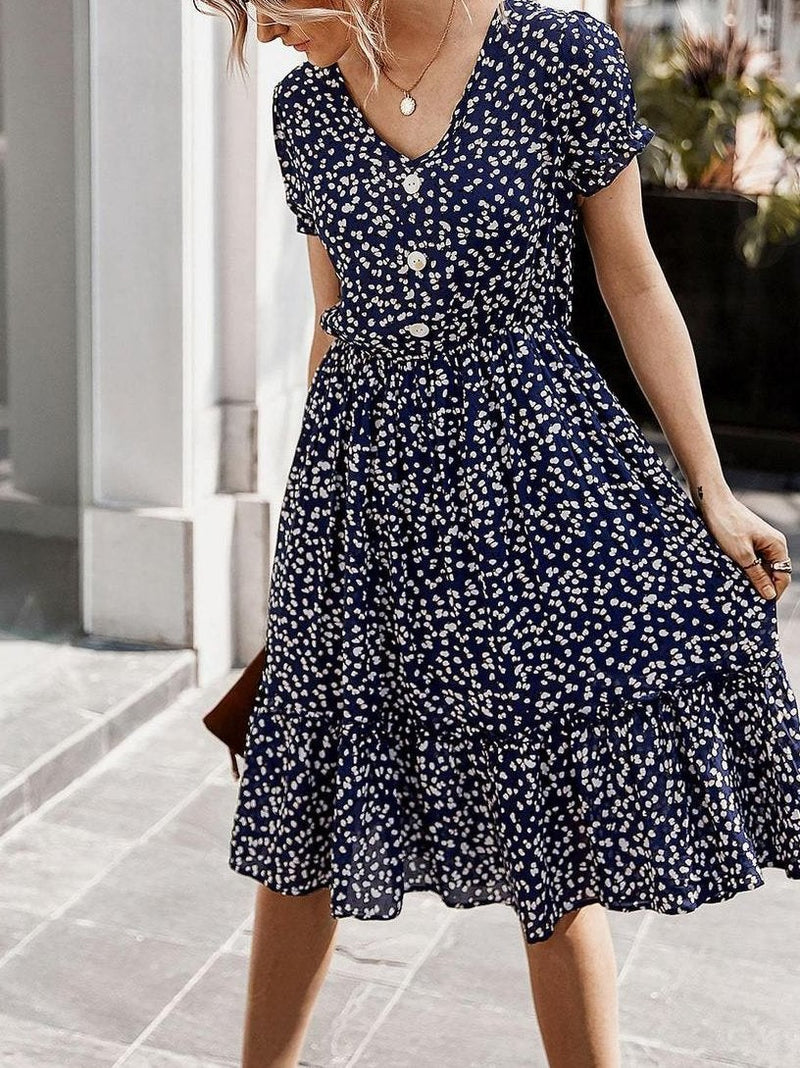 All Over Print Frill Trim Dress - Dresses - INS | Online Fashion Free Shipping Clothing, Dresses, Tops, Shoes - 01/26/2021 - Beach - Blue