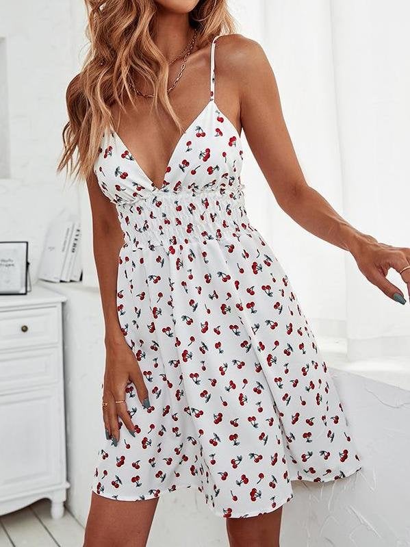 Allover Cherry Print Shirred Waist Cami Dress - Mini Dresses - INS | Online Fashion Free Shipping Clothing, Dresses, Tops, Shoes - 24/04/2021 - Color_White - DRE210424003