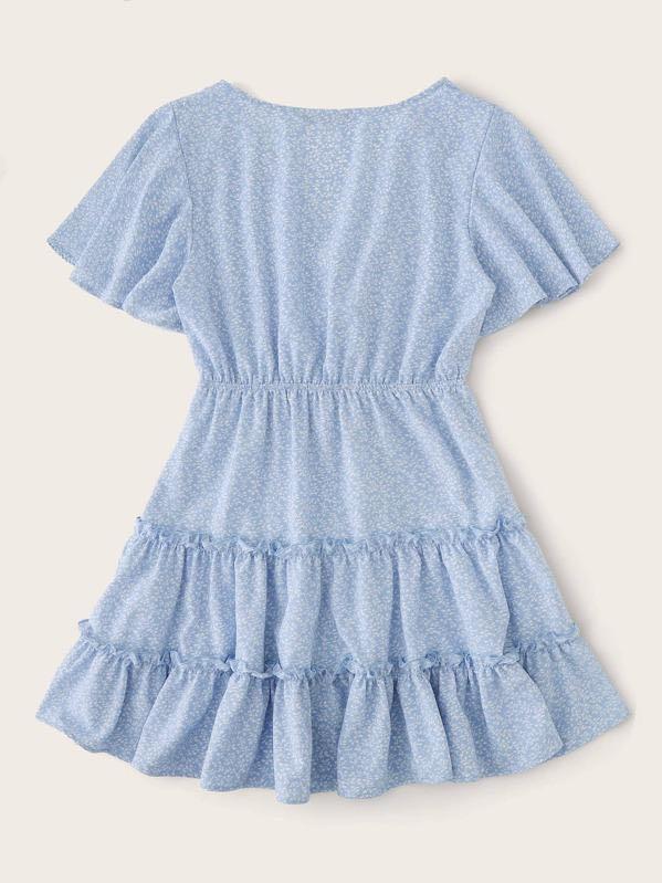 Allover Plants Print Flutter Sleeve Frill Trim Tiered Dress - INS | Online Fashion Free Shipping Clothing, Dresses, Tops, Shoes