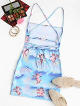 Angel Print Lace Up Renaissance Art Mini Dress - INS | Online Fashion Free Shipping Clothing, Dresses, Tops, Shoes