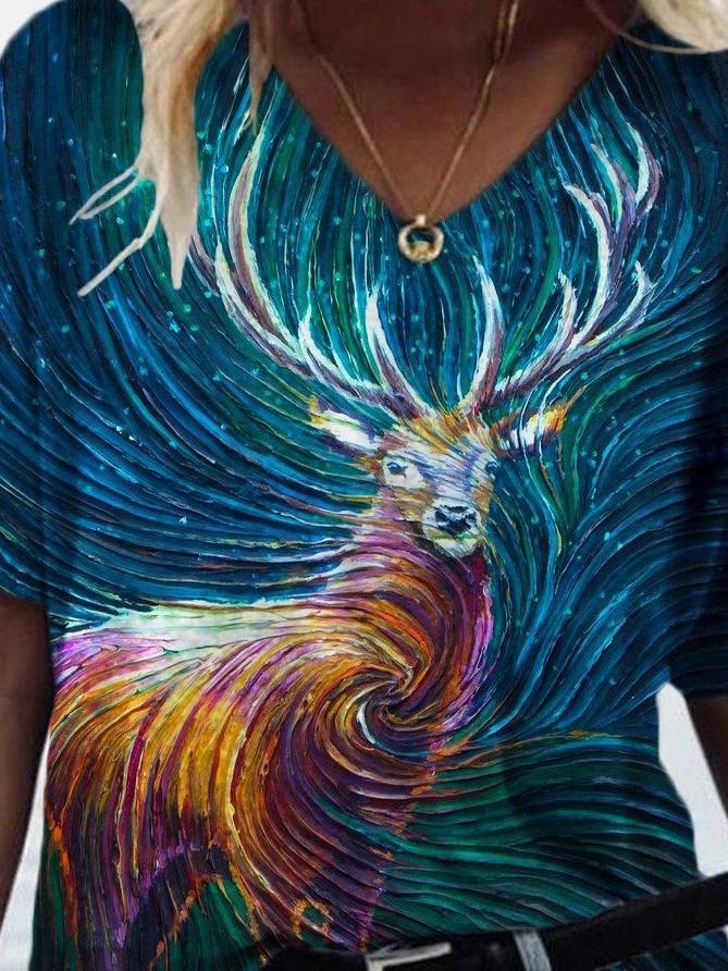 Animal Printed V-neck Short-sleeved T-shirt - T-shirts - INS | Online Fashion Free Shipping Clothing, Dresses, Tops, Shoes - 07/06/2021 - Color_Blue - Color_Green