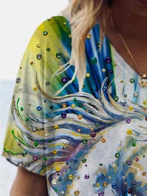 Animal Printed V-neck Short-sleeved T-shirt - T-shirts - INS | Online Fashion Free Shipping Clothing, Dresses, Tops, Shoes - 07/06/2021 - Color_Blue - Color_Green