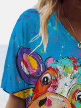 Animal Printed V-neck T-shirt - T-shirts - INS | Online Fashion Free Shipping Clothing, Dresses, Tops, Shoes - 08/06/2021 - Color_Blue - Color_Red