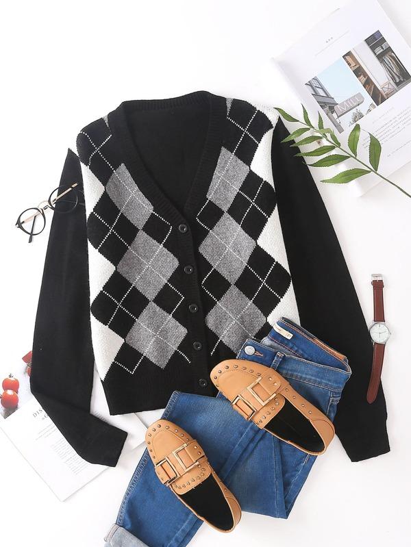 Argyle Graphic Button Up Cardigan - INS | Online Fashion Free Shipping Clothing, Dresses, Tops, Shoes