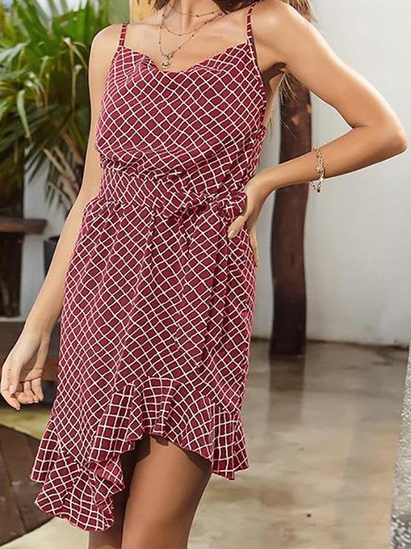 Asymmetry Sling Ruffle Plaid Dress - Mini Dresses - INS | Online Fashion Free Shipping Clothing, Dresses, Tops, Shoes - 22/03/2021 - AMZ - Color_Green