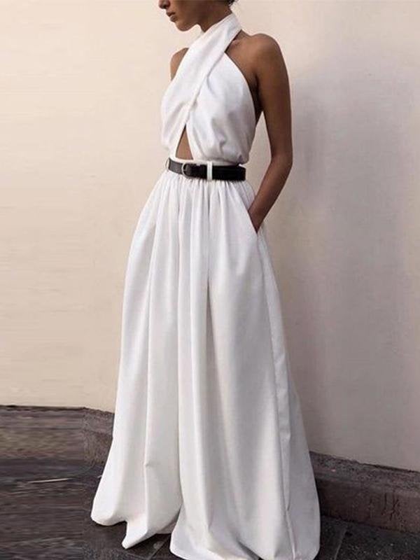 Backless Halterneck Wide Leg Jumpsuit - Jumpsuit & Rompers - INS | Online Fashion Free Shipping Clothing, Dresses, Tops, Shoes - 16/06/2021 - 30-40 - Bottoms