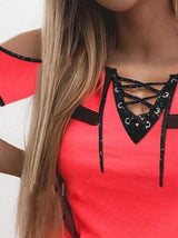 Bandage V-neck Tape Off-shoulder Short Sleeve T-shirts - T-Shirts - INS | Online Fashion Free Shipping Clothing, Dresses, Tops, Shoes - 31/05/2021 - Category_T-Shirts - Color_Red