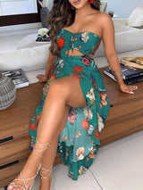 Bandeau Butterfly Print Cutout High Slit Dress - Maxi Dresses - INS | Online Fashion Free Shipping Clothing, Dresses, Tops, Shoes - 29/04/2021 - Color_Green - DRE210429096