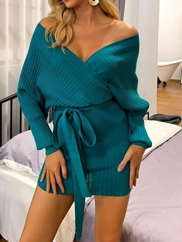 Batwing Sleeve Belted Sweater Dress - Dresses - INS | Online Fashion Free Shipping Clothing, Dresses, Tops, Shoes - 02/02/2021 - Autumn - Casual Dresses