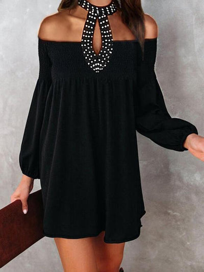 Beaded Collar Off Shoulder Mini Dress - Mini Dresses - INS | Online Fashion Free Shipping Clothing, Dresses, Tops, Shoes - 09/06/2021 - Category_Mini Dresses - Color_Black