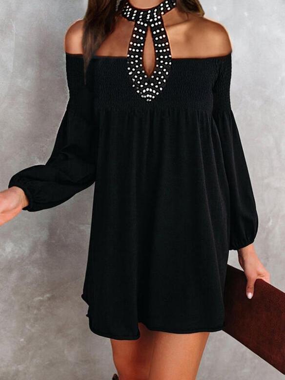 Beaded Collar Off Shoulder Mini Dress - Mini Dresses - INS | Online Fashion Free Shipping Clothing, Dresses, Tops, Shoes - 09/06/2021 - Category_Mini Dresses - Color_Black