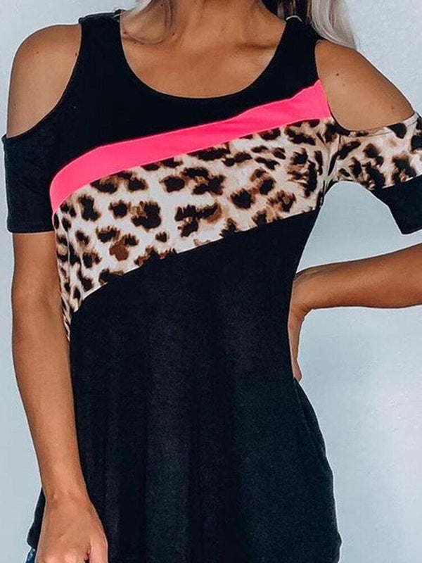 Beauty Strapless Leopard Print Stitching Short Sleeve T-shirt - T-shirts - INS | Online Fashion Free Shipping Clothing, Dresses, Tops, Shoes - 20-30 - 21/07/2021 - color-black