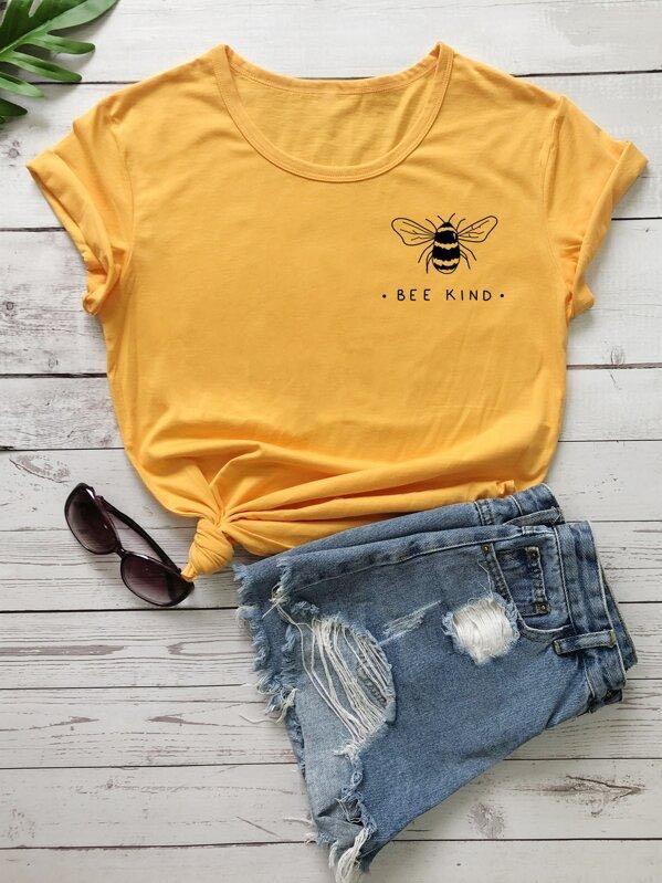 Bee And Letter Graphic Tee - INS | Online Fashion Free Shipping Clothing, Dresses, Tops, Shoes