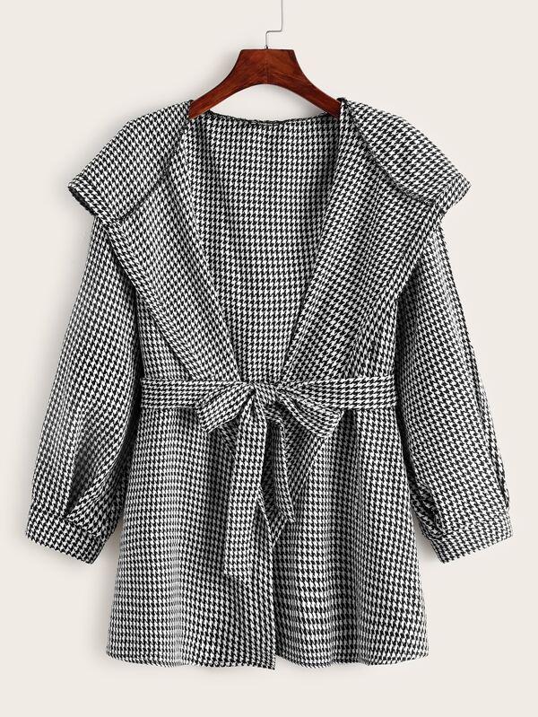 Belted Houndstooth Print Hooded Coat - INS | Online Fashion Free Shipping Clothing, Dresses, Tops, Shoes