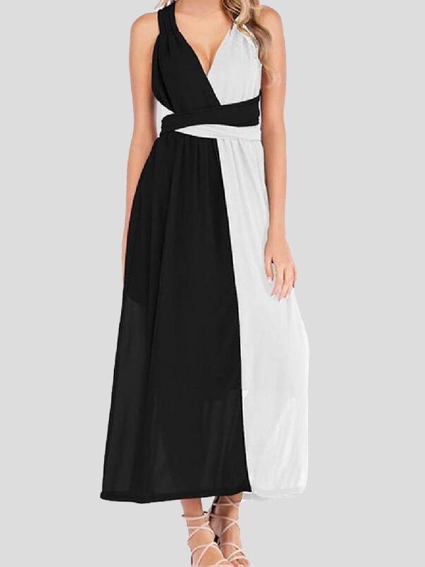 Black And White Stitching V-neck High Waist Dress - Maxi Dresses - INS | Online Fashion Free Shipping Clothing, Dresses, Tops, Shoes - 06/07/2021 - 10-20 - color-black