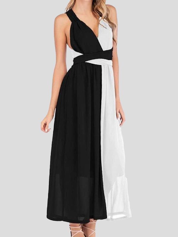 Black And White Stitching V-neck High Waist Dress - Maxi Dresses - INS | Online Fashion Free Shipping Clothing, Dresses, Tops, Shoes - 06/07/2021 - 10-20 - color-black