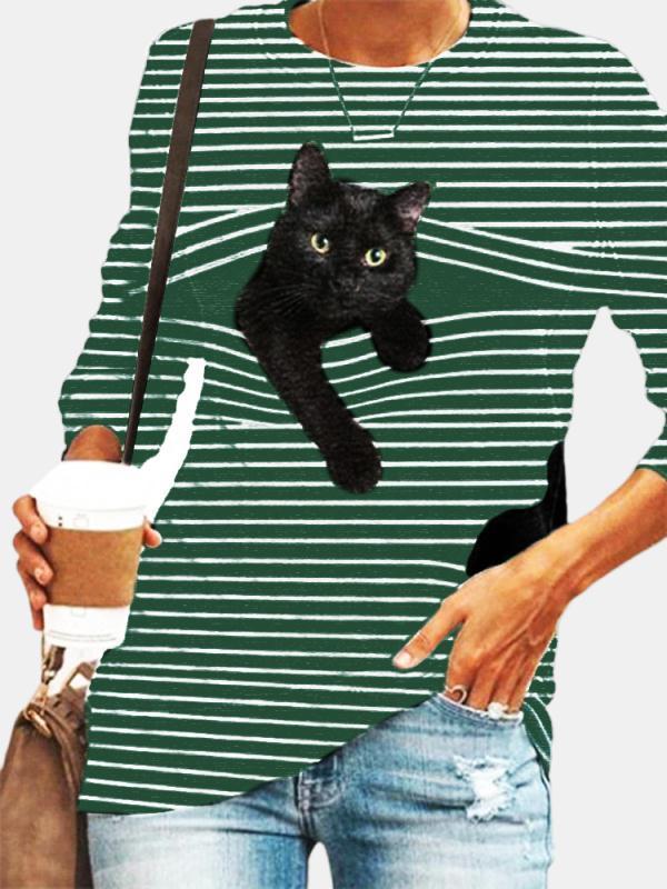 Black Cat Print Long Sleeve O-neck White Striped Plus Size T-shirt - Blouses - INS | Online Fashion Free Shipping Clothing, Dresses, Tops, Shoes - Blouses - Color_Black - GMC-black-cat-series