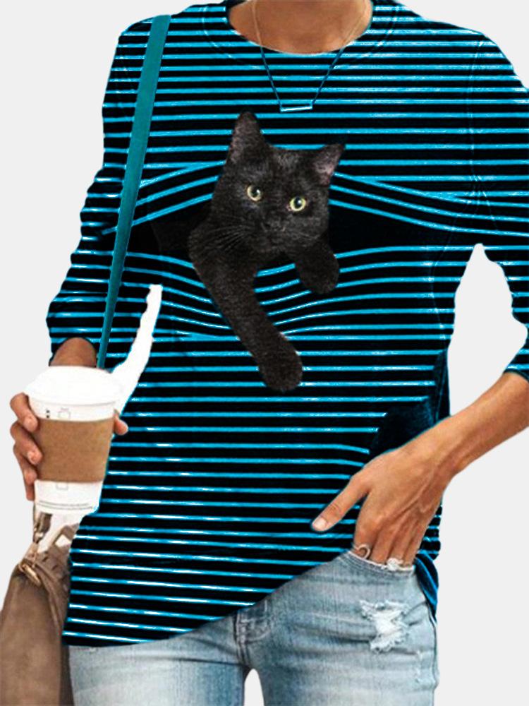 Black Cat Print Long Sleeve O-neck White Striped Plus Size T-shirt - Blouses - INS | Online Fashion Free Shipping Clothing, Dresses, Tops, Shoes - Blouses - Color_Black - GMC-black-cat-series