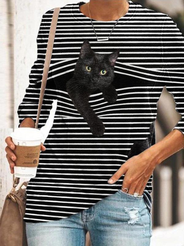 Black Cat Print Long Sleeve O-neck White Striped Plus Size T-shirt - Blouses - INS | Online Fashion Free Shipping Clothing, Dresses, Tops, Shoes - Blouses - Color_Black - GMC-black-cat-series