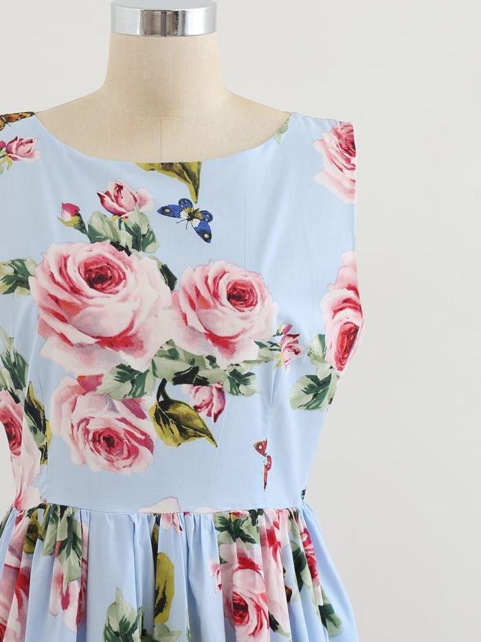 Blooming Pink Rose Printed Pleated Cotton Dress In Blue - Midi Dresses - INS | Online Fashion Free Shipping Clothing, Dresses, Tops, Shoes - 23/04/2021 - Color_Blue - DRE210423003