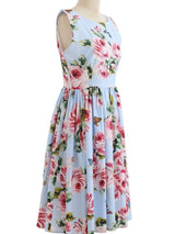 Blooming Pink Rose Printed Pleated Cotton Dress In Blue - Midi Dresses - INS | Online Fashion Free Shipping Clothing, Dresses, Tops, Shoes - 23/04/2021 - Color_Blue - DRE210423003
