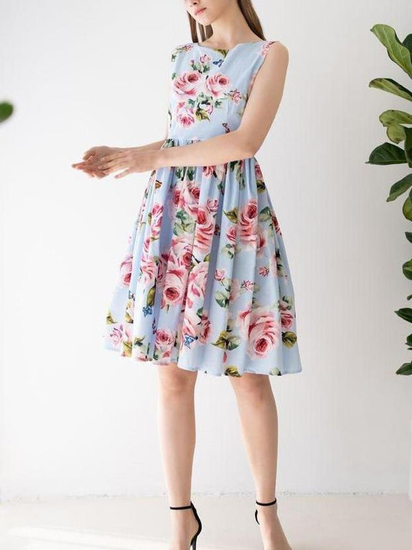 Blooming Pink Rose Printed Pleated Cotton Dress In Blue - Midi Dresses - INS | Online Fashion Free Shipping Clothing, Dresses, Tops, Shoes - 23/04/2021 - Color_Blue - DRE210423003