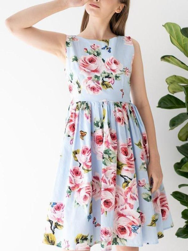 Blooming Pink Rose Printed Pleated Cotton Dress In Blue - Midi Dresses - INS | Online Fashion Free Shipping Clothing, Dresses, Tops, Shoes - 23/04/2021 - Color_Blue - DRE210423003