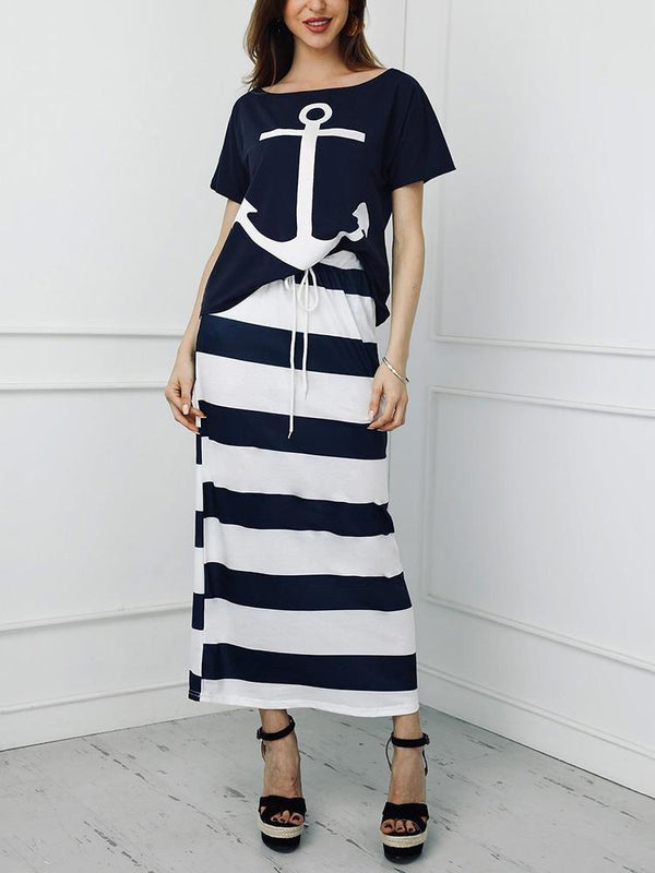 Boat Anchor Print T-Shirt & Striped Skirt Set - Two-piece Outfits - INS | Online Fashion Free Shipping Clothing, Dresses, Tops, Shoes - 29/04/2021 - Casual Dresses - Color_ Blue