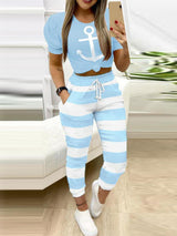 Boat Anchor Print Top & Striped Colorblock Pants Set - Two-piece Outfits - INS | Online Fashion Free Shipping Clothing, Dresses, Tops, Shoes - 05/05/2021 - Category_Two-piece Outfits - Color_Blue