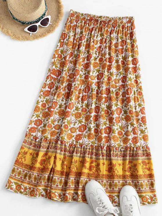 Bohemian Floral Drawstring Maxi Skirt - Shirts - INS | Online Fashion Free Shipping Clothing, Dresses, Tops, Shoes - 02/03/2021 - Bottoms - Casual